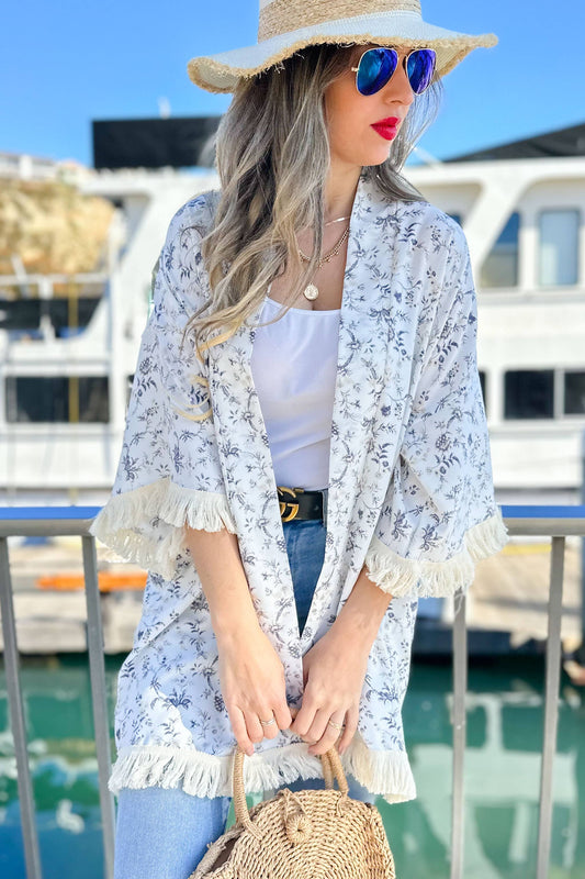 Boho Floral Printed Kimono with Fringe Trim