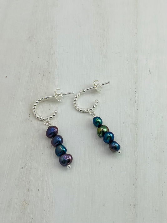 Earrings Silver Hoops 4 Freshwater Pearls Peacock
