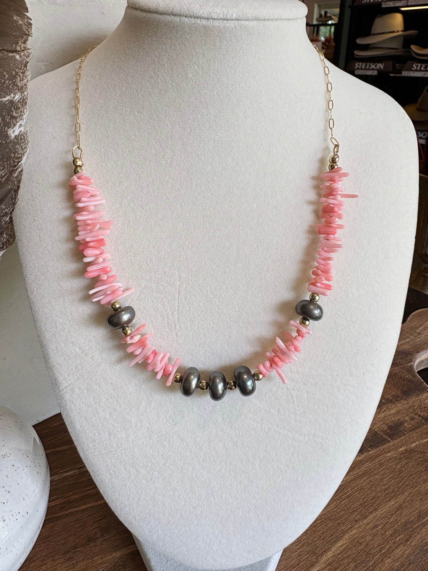Sunset Ride- Necklace 14K GF Pink Corrals Black Pearls