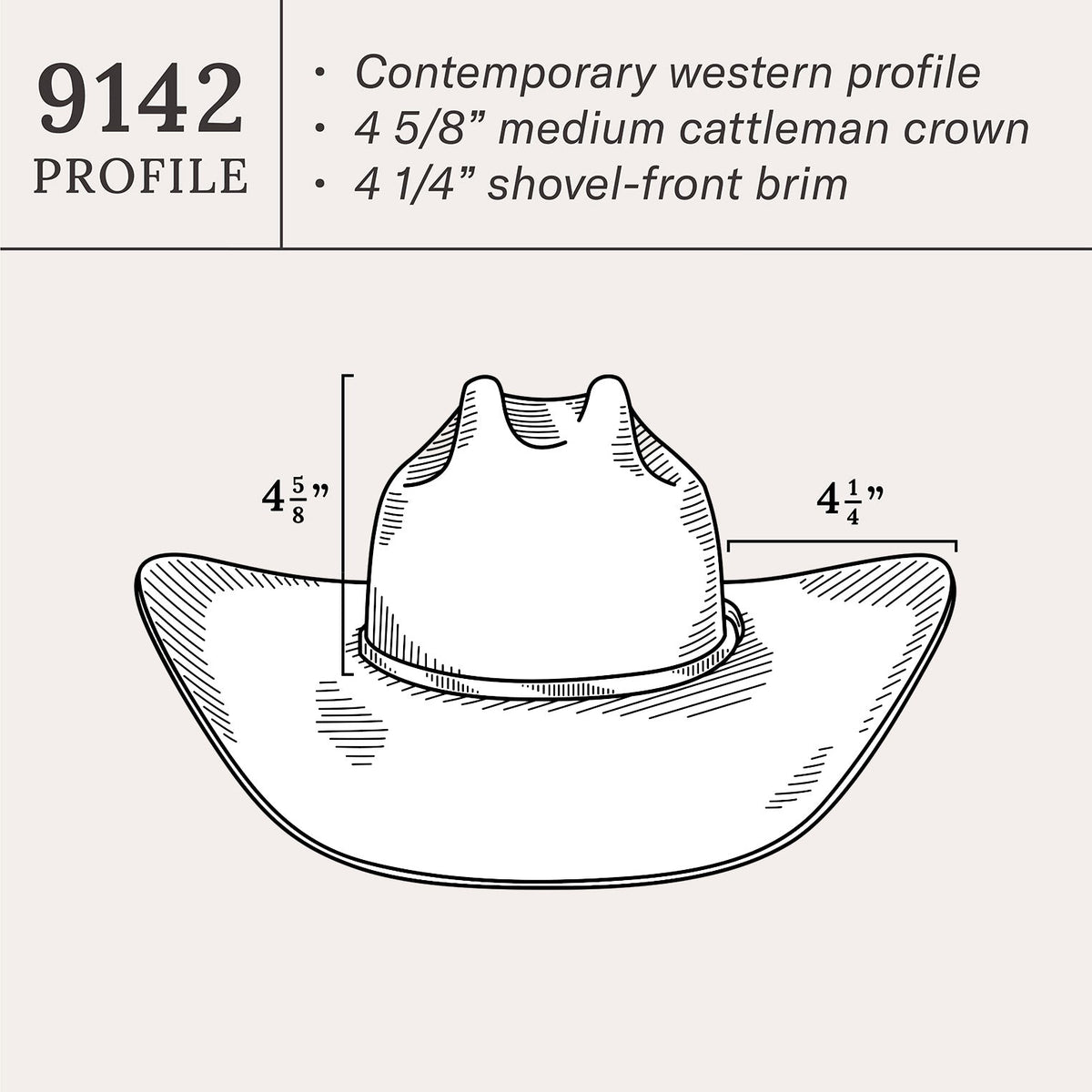 Technical drawing of a cowboy hat with measurements on a light beige background