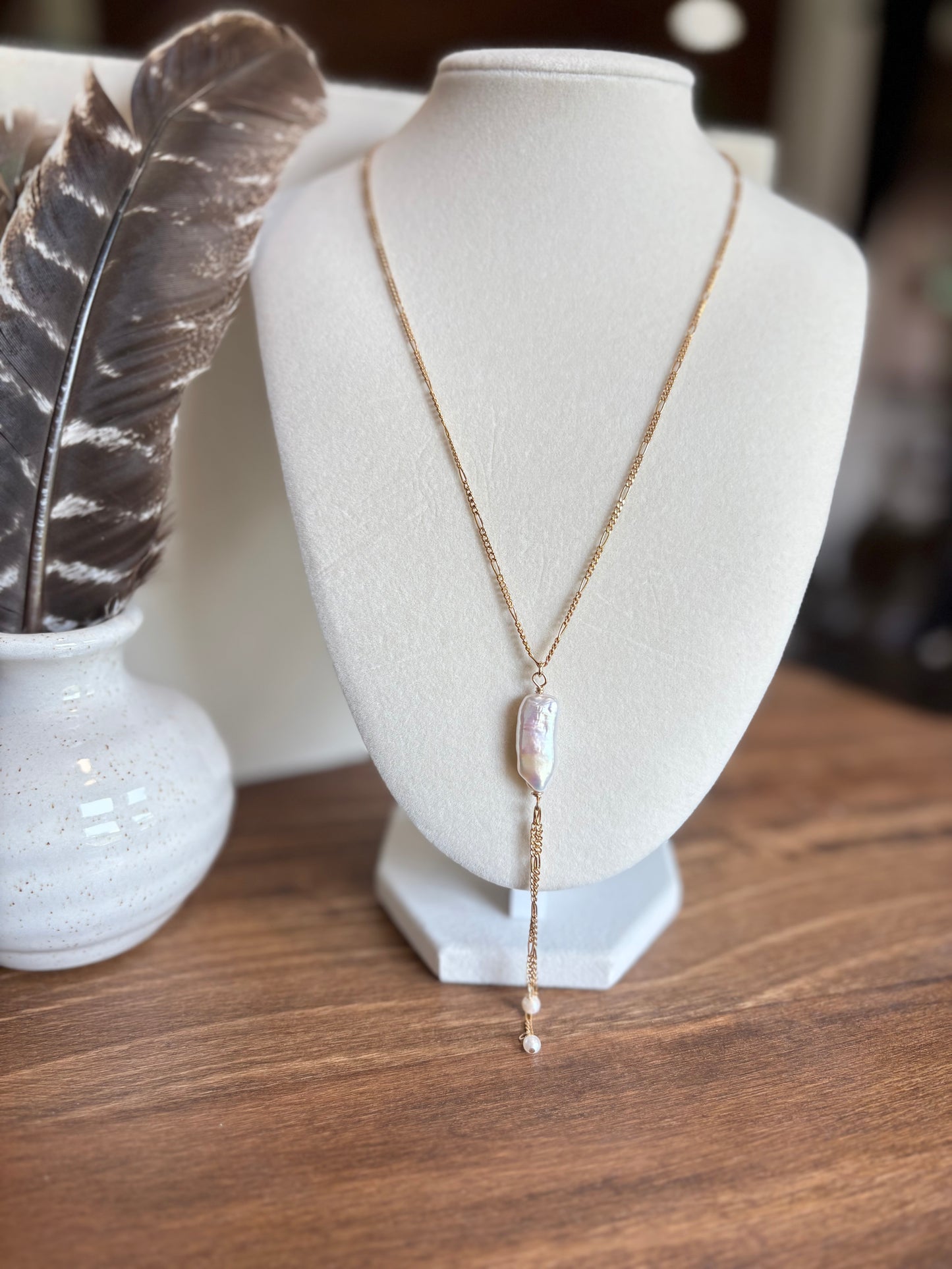 Sunset Ride- 14K GF Figaro Chain Pearl Pendant & Lariat