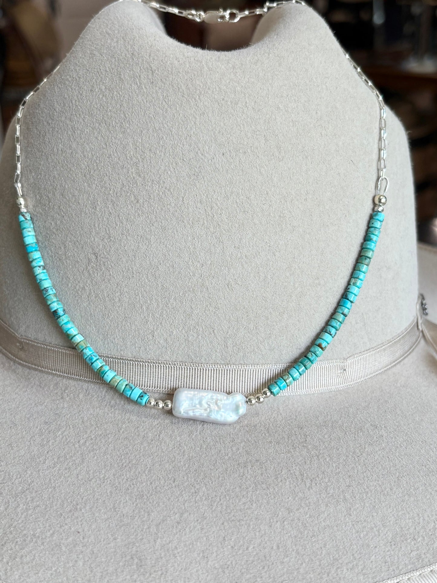 Sunset Ride- Necklace Turquoise & Pearl Center