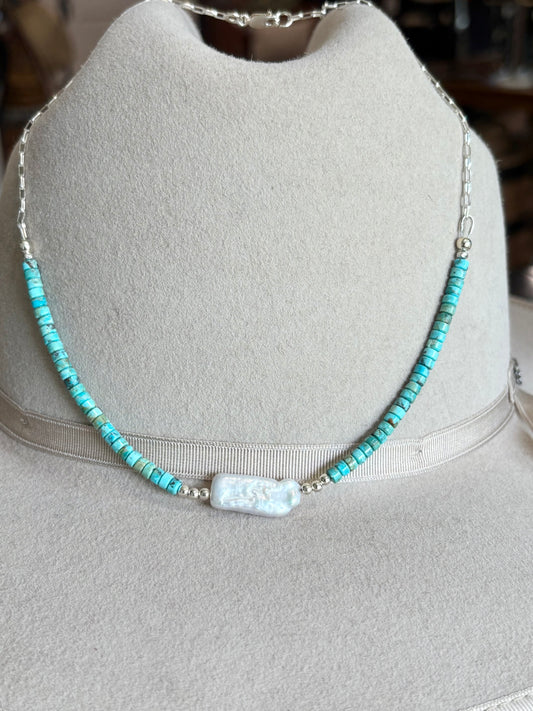 Sunset Ride- Necklace Turquoise & Pearl Center