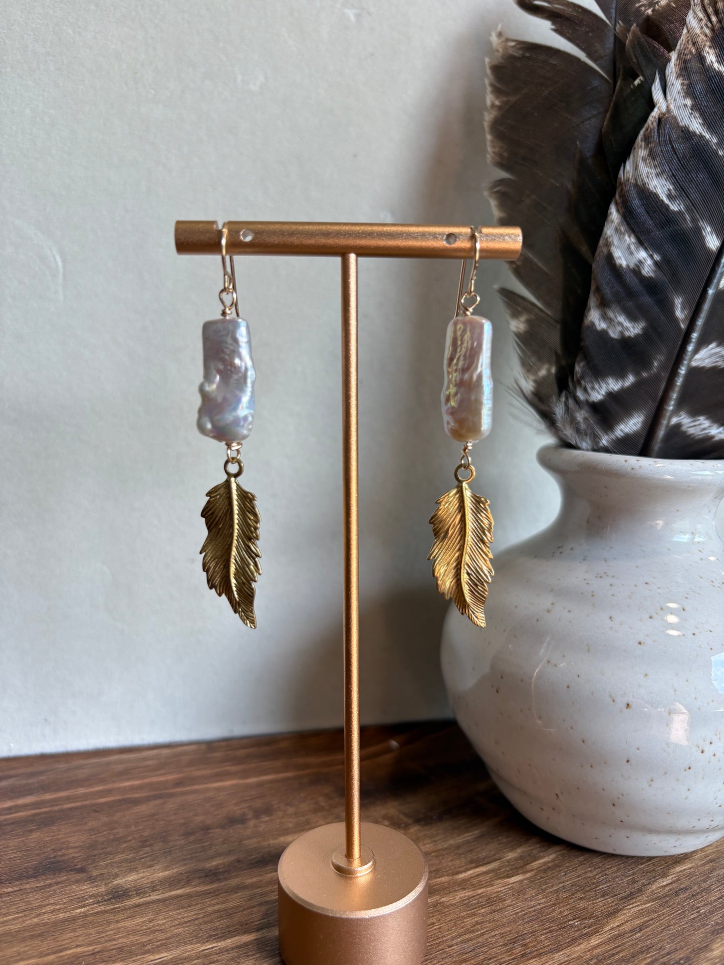 Sunset Ride- Earrings 14K GF Pearl Feather Drop