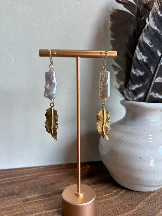 Sunset Ride- Earrings 14K GF Pearl Feather Drop