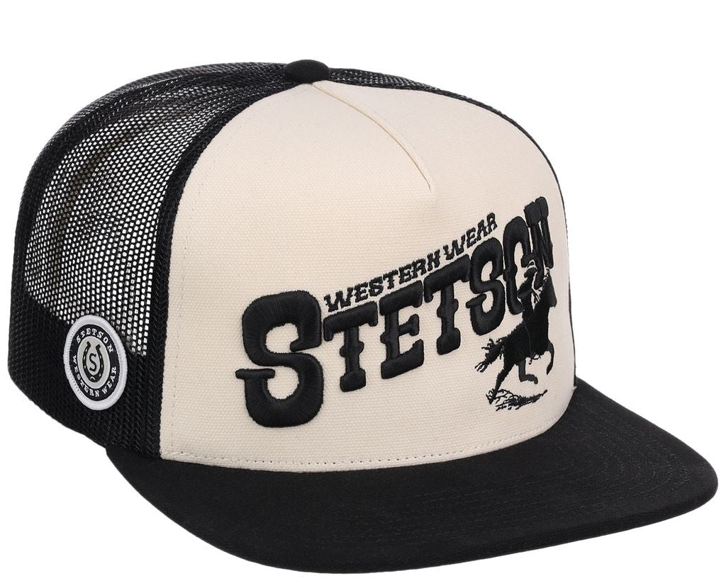 Black and white trucker hat with Stetson logo on a white background