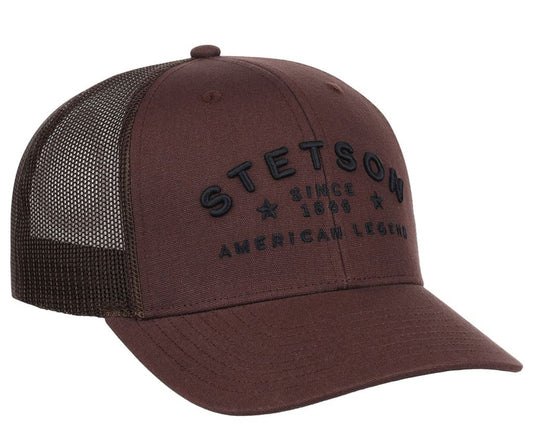 Brown Stetson cap with mesh back on a white background