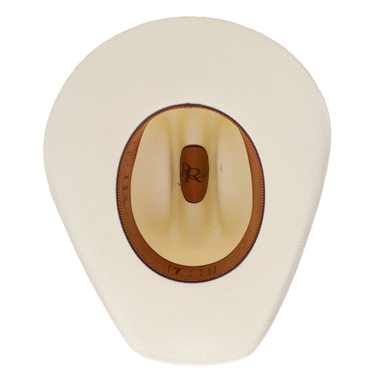 The underside of a cowboy hat, showing a cream-colored woven straw crown with a tan leather inner band and a beige padded interior.