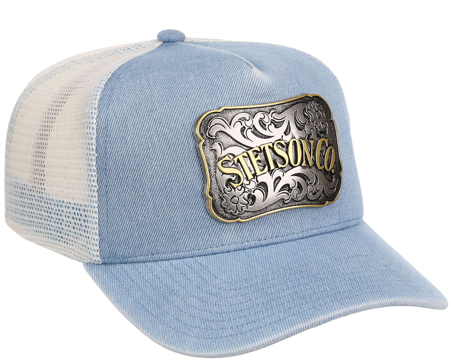 Light blue trucker hat with Stetson logo on a white background
