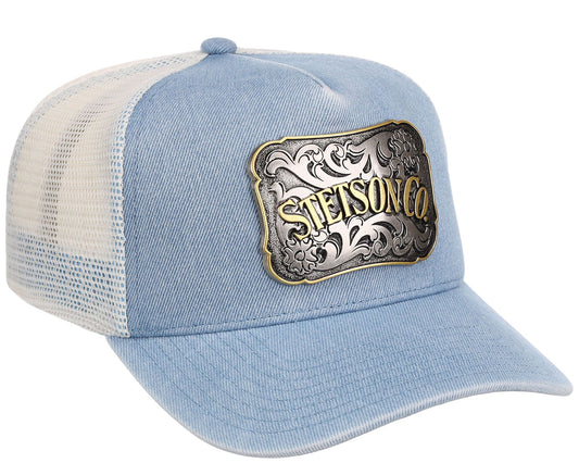 Light blue trucker hat with Stetson logo on a white background