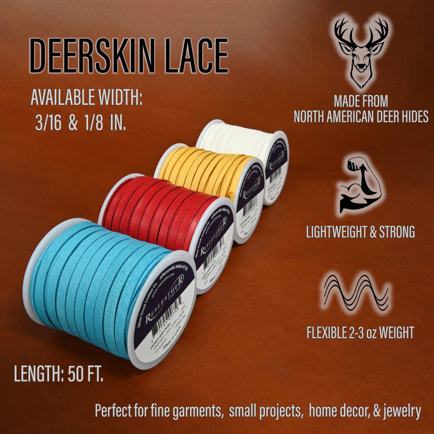 1/8" Deerskin Leather Lace, 50 ft -Leathercraft Craft Supply