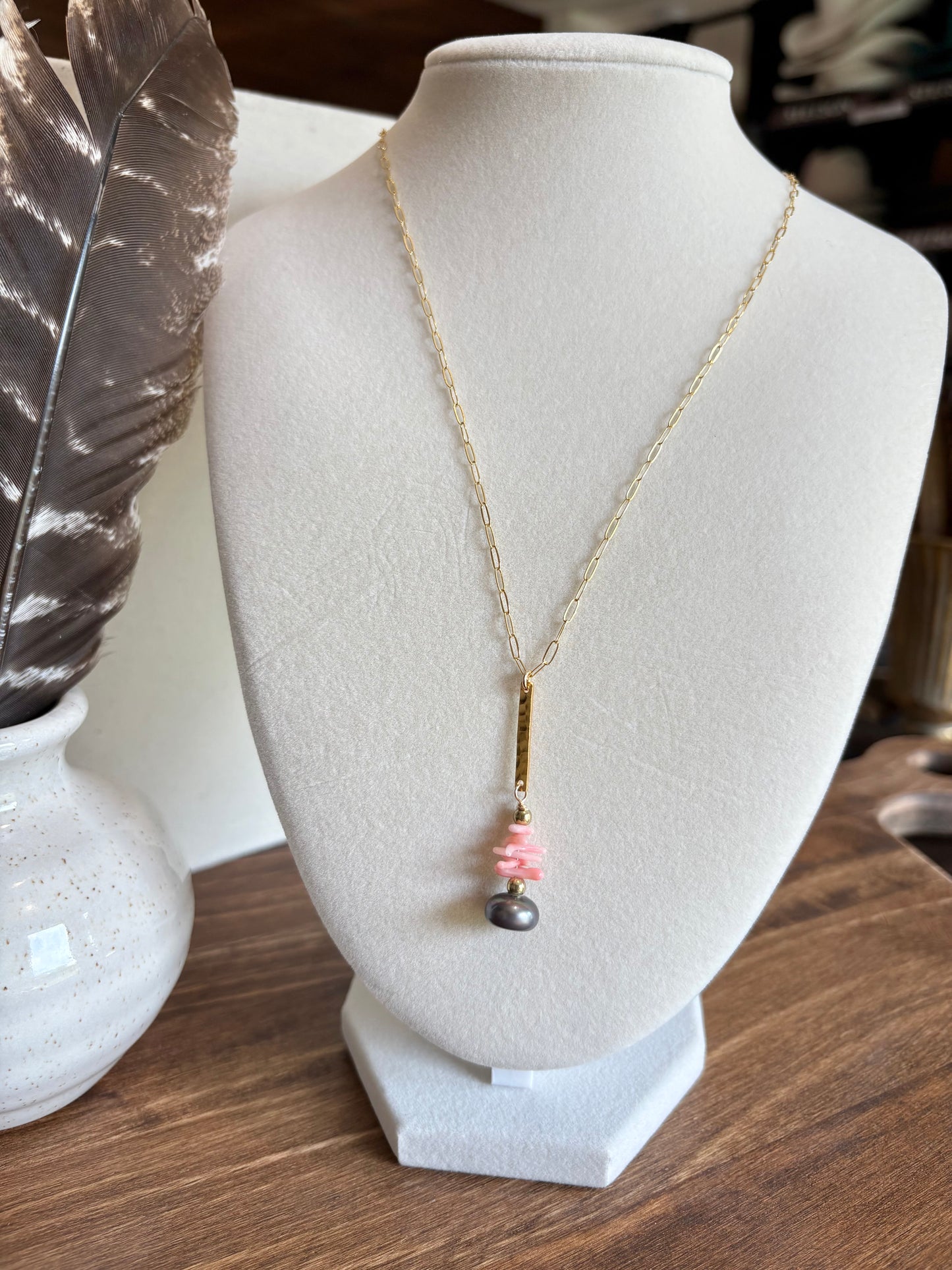 Sunset Ride- 14K GF Single Drop Pink Corrals Black Pearls