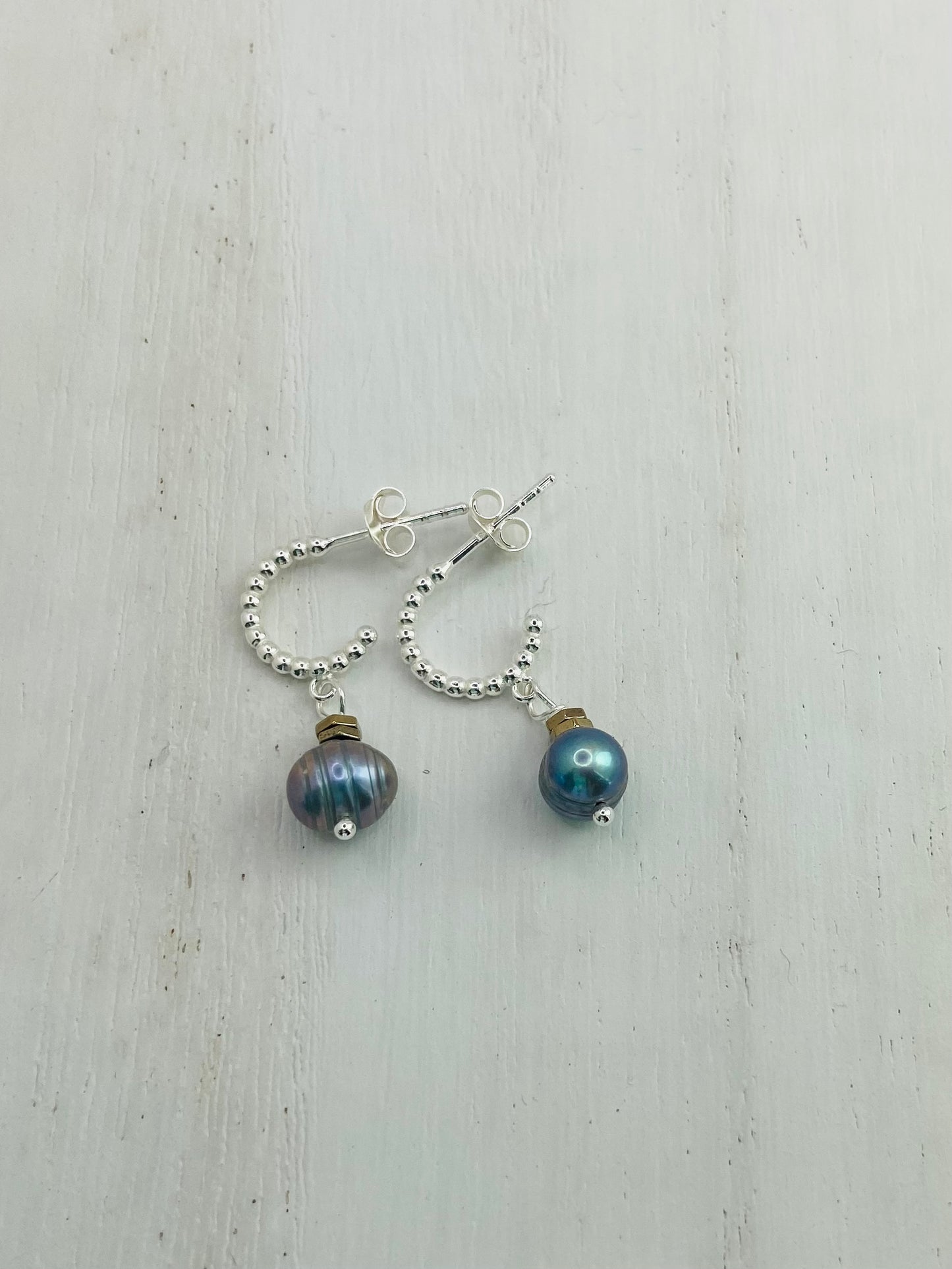 Earrings Silver Hoops Freshwater Pearls Sky Blue