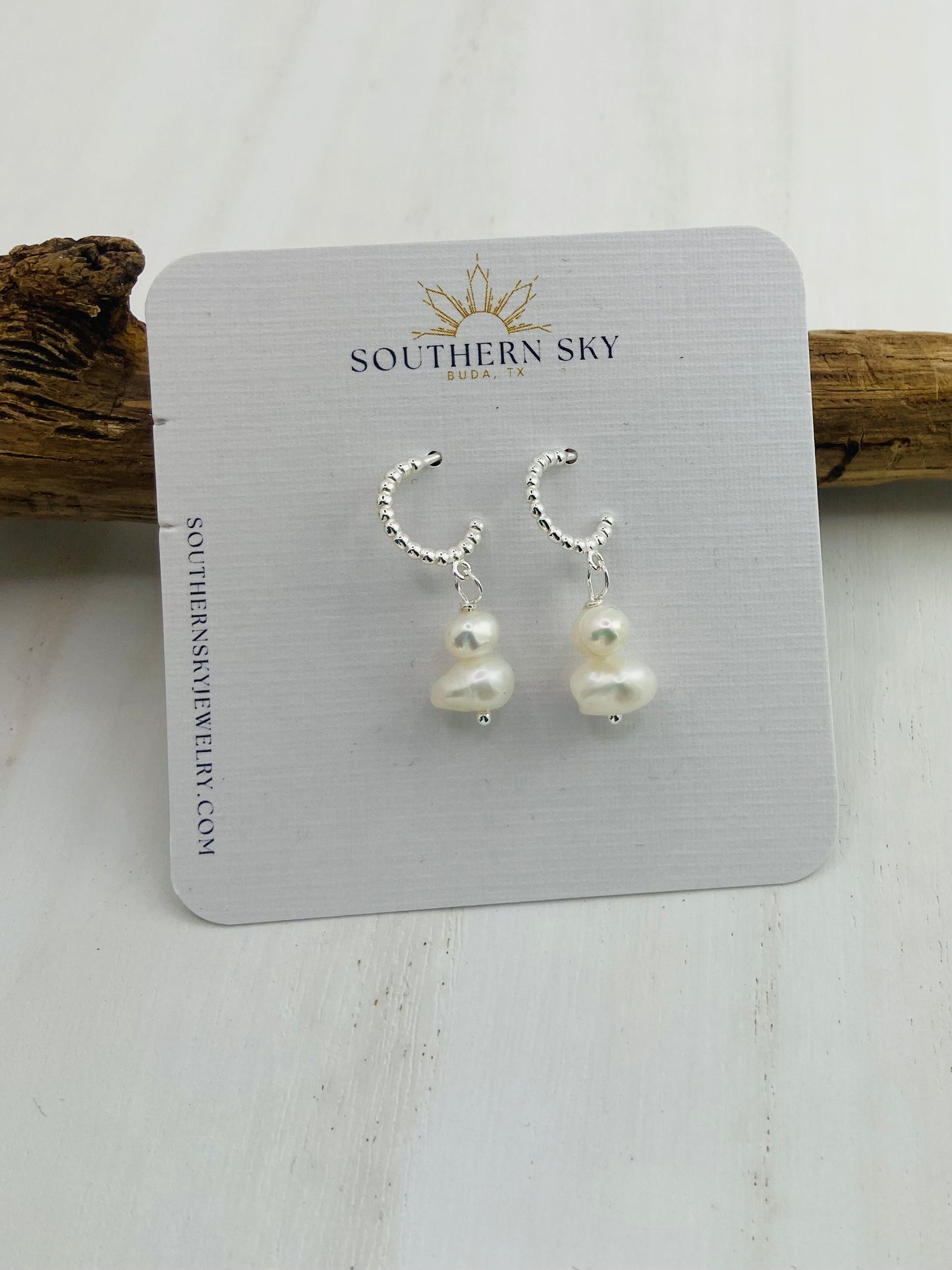 Earrings Silver Hoops Double Freshwater Pearls White