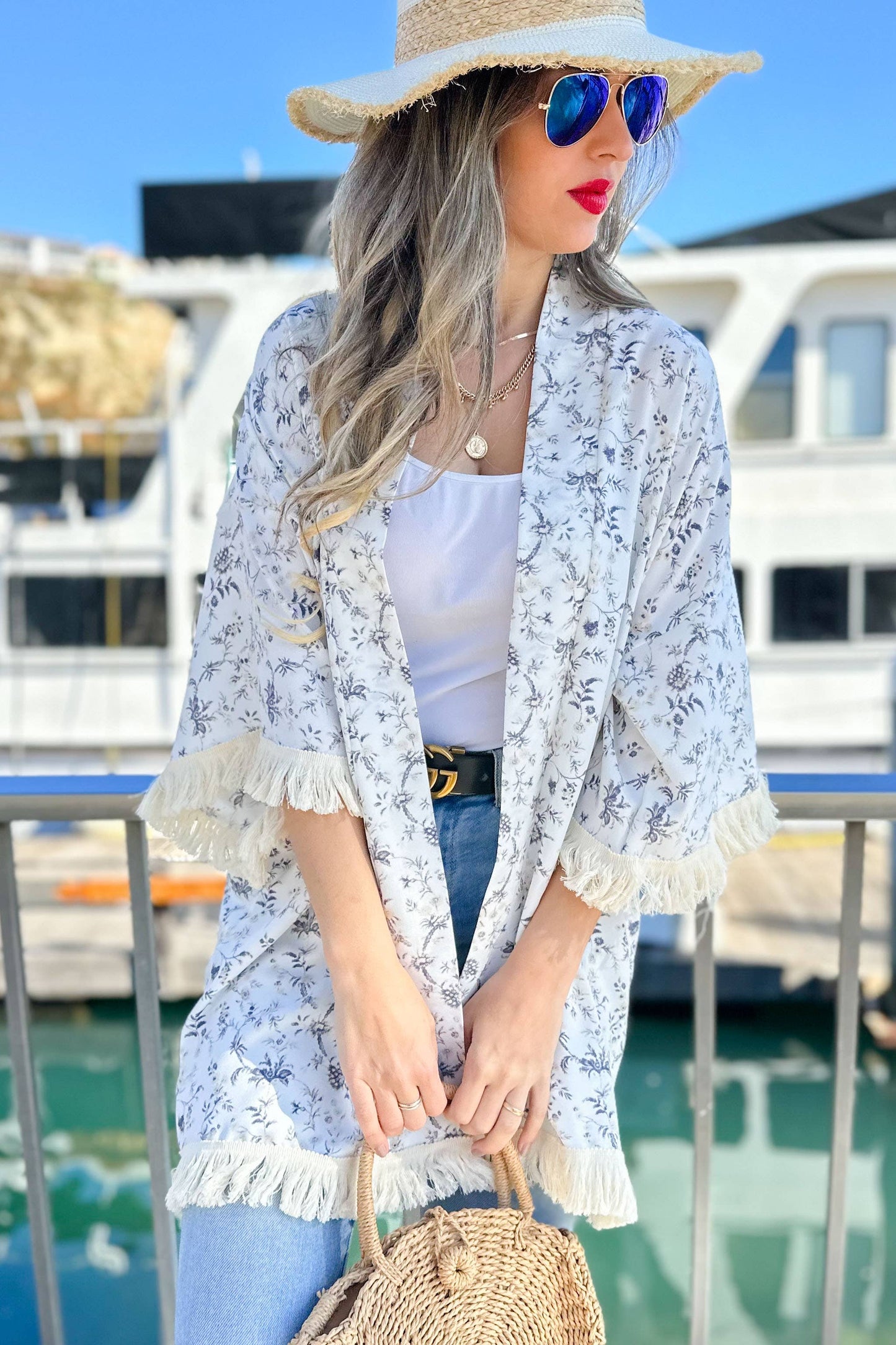 Boho Floral Printed Kimono with Fringe Trim