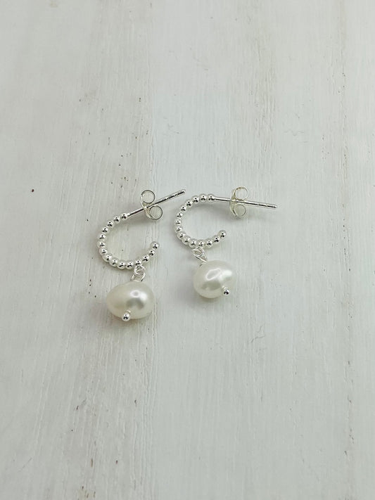 Earrings Silver Hoops Freshwater Pearl Drops White