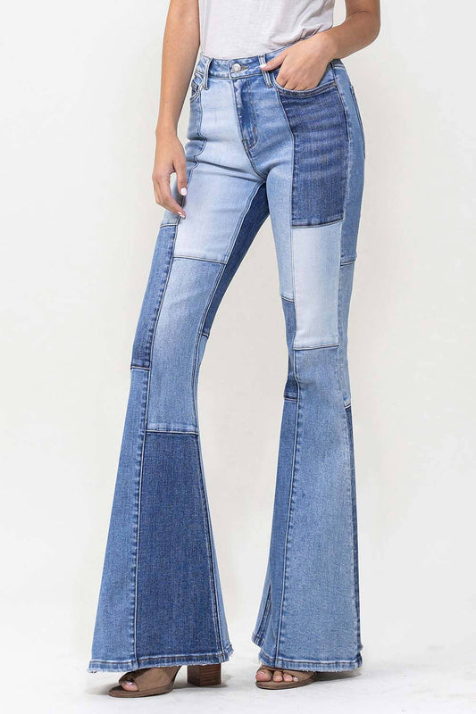 HIGH RISE COLOR BLOCK SUPER FLARE JEANS T5709