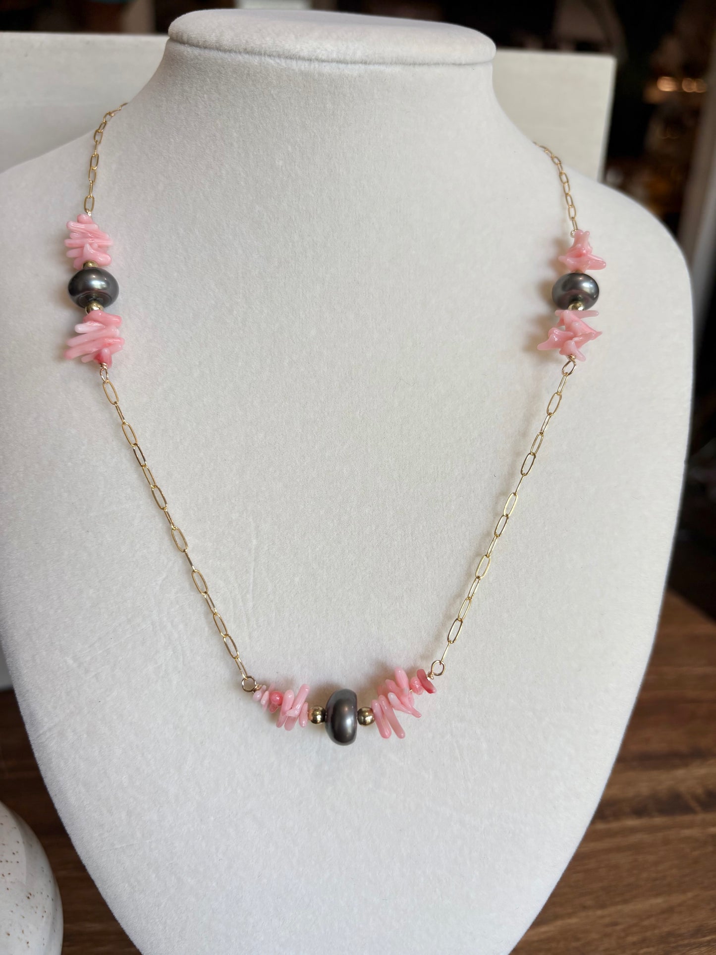 Sunset Ride- 14K GF Triple Set Pink Corrals Black Pearls