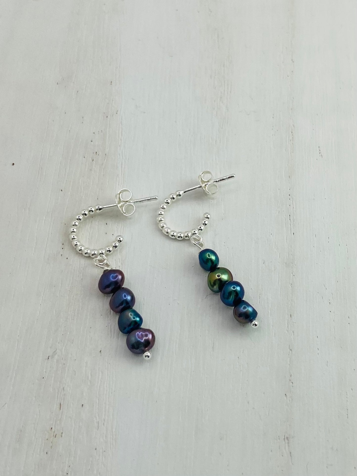 Earrings Silver Hoops 4 Freshwater Pearls Peacock