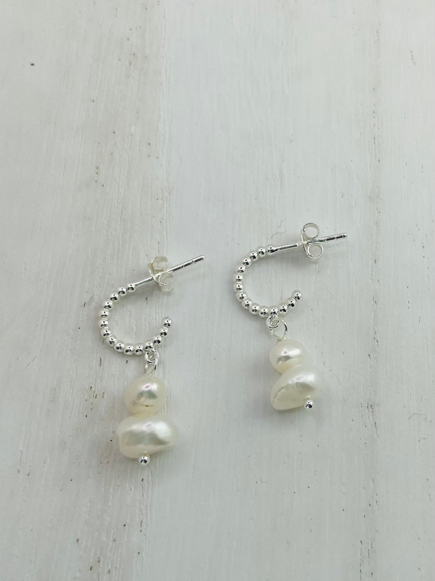 Earrings Silver Hoops Double Freshwater Pearls White