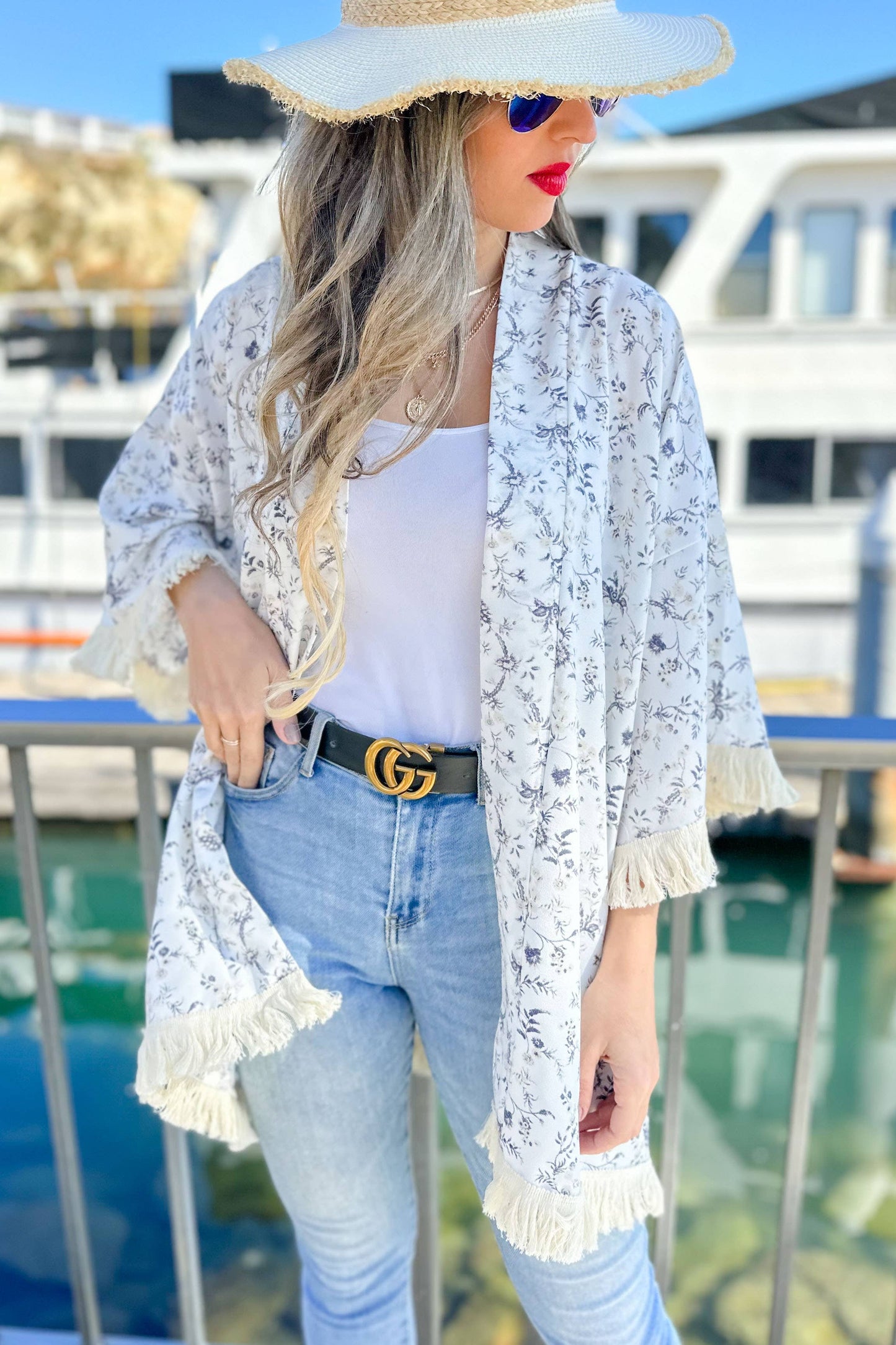 Boho Floral Printed Kimono with Fringe Trim