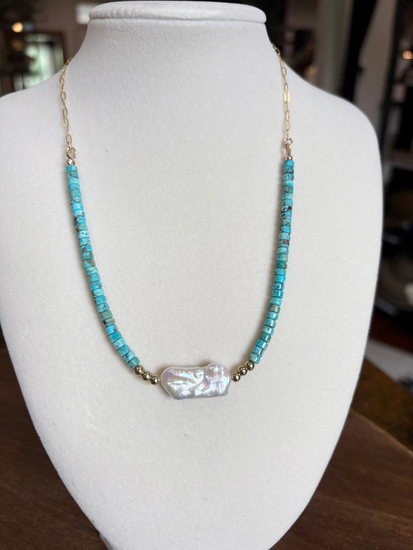 Sunset Ride- Necklace Turquoise & Pearl Center