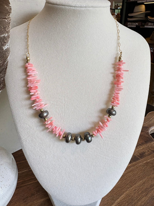 Sunset Ride- Necklace 14K GF Pink Corrals Black Pearls