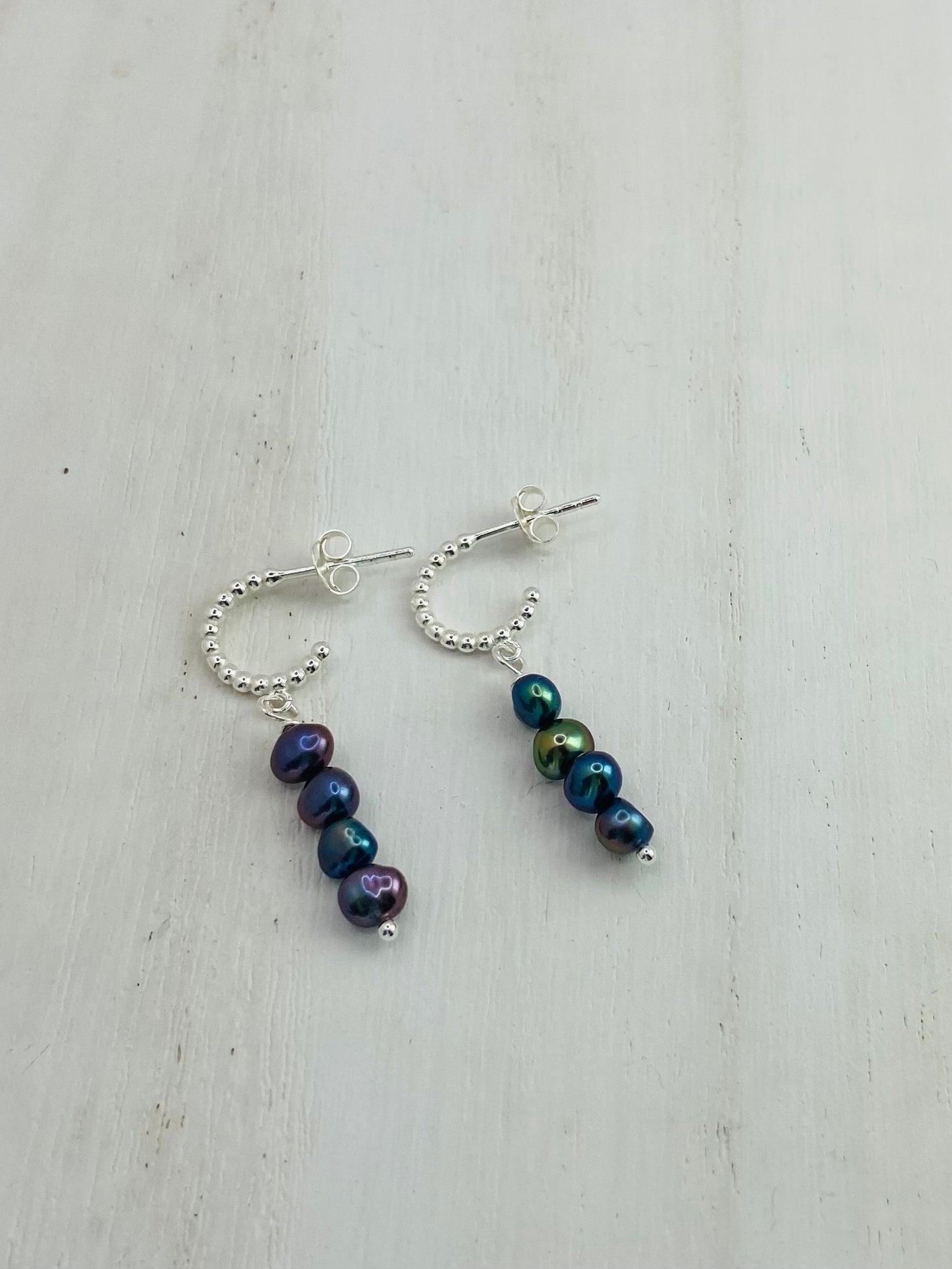 Earrings Silver Hoops 4 Freshwater Pearls Peacock