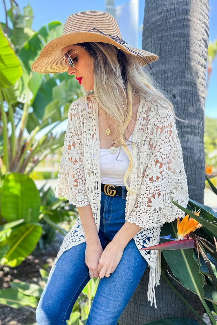 Floral Crochet Cardigan With Tassel Kimono
