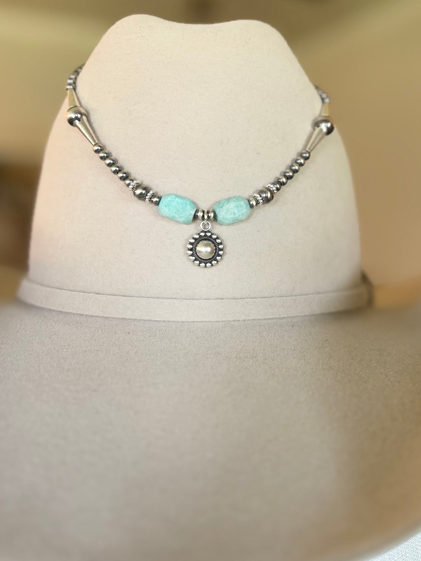 Sunset Ride- Necklace SS Beaded Amazonite Concho Pendant