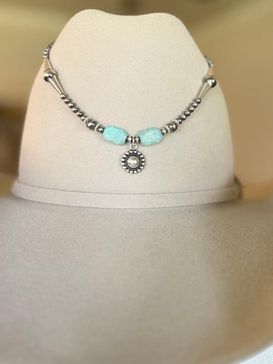 Sunset Ride- Necklace SS Beaded Amazonite Concho Pendant