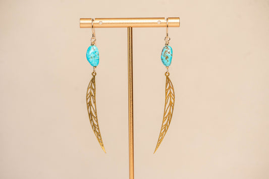 Earrings Turquoise with Feathers - Brass