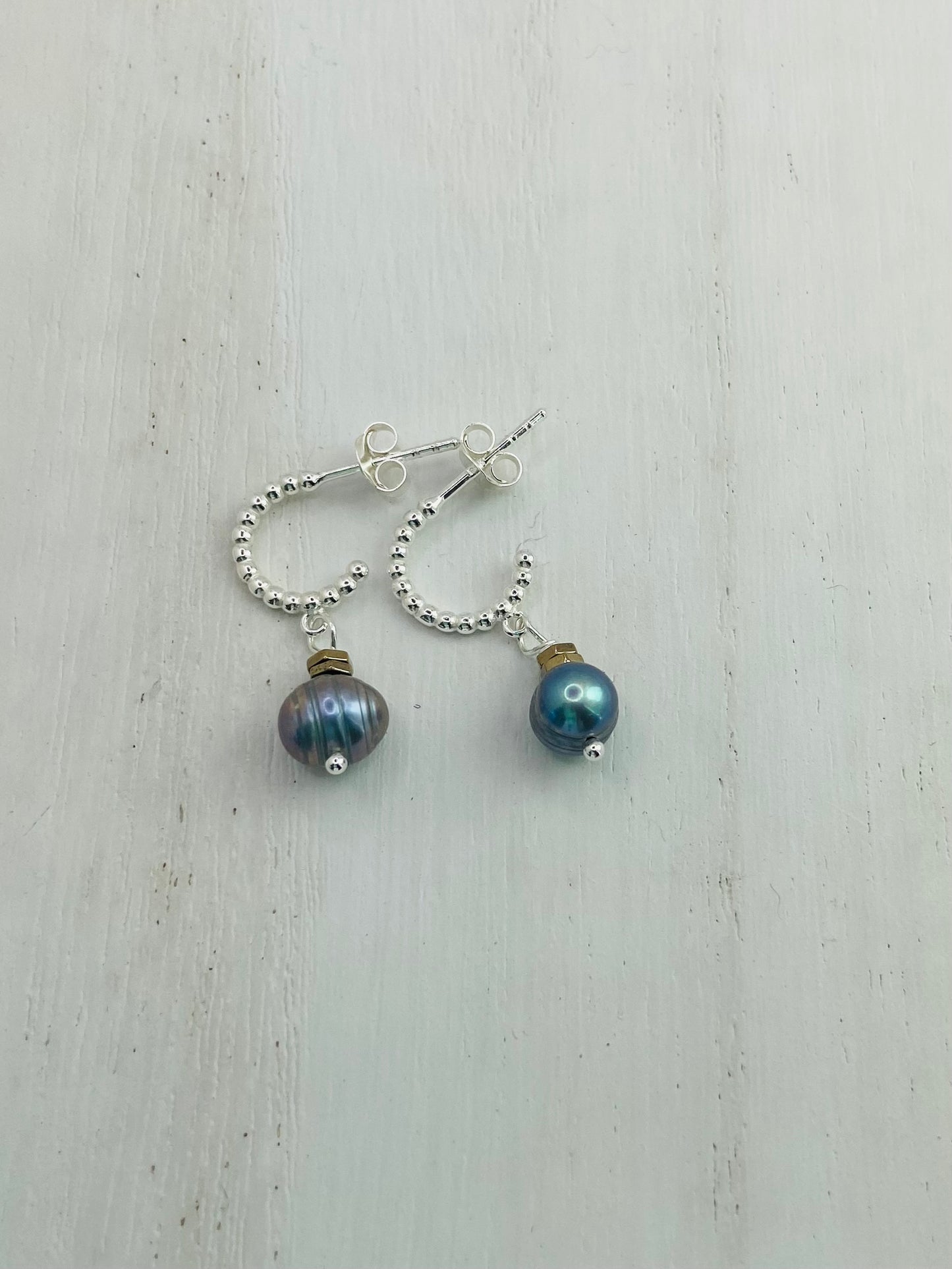 Earrings Silver Hoops Freshwater Pearls Sky Blue