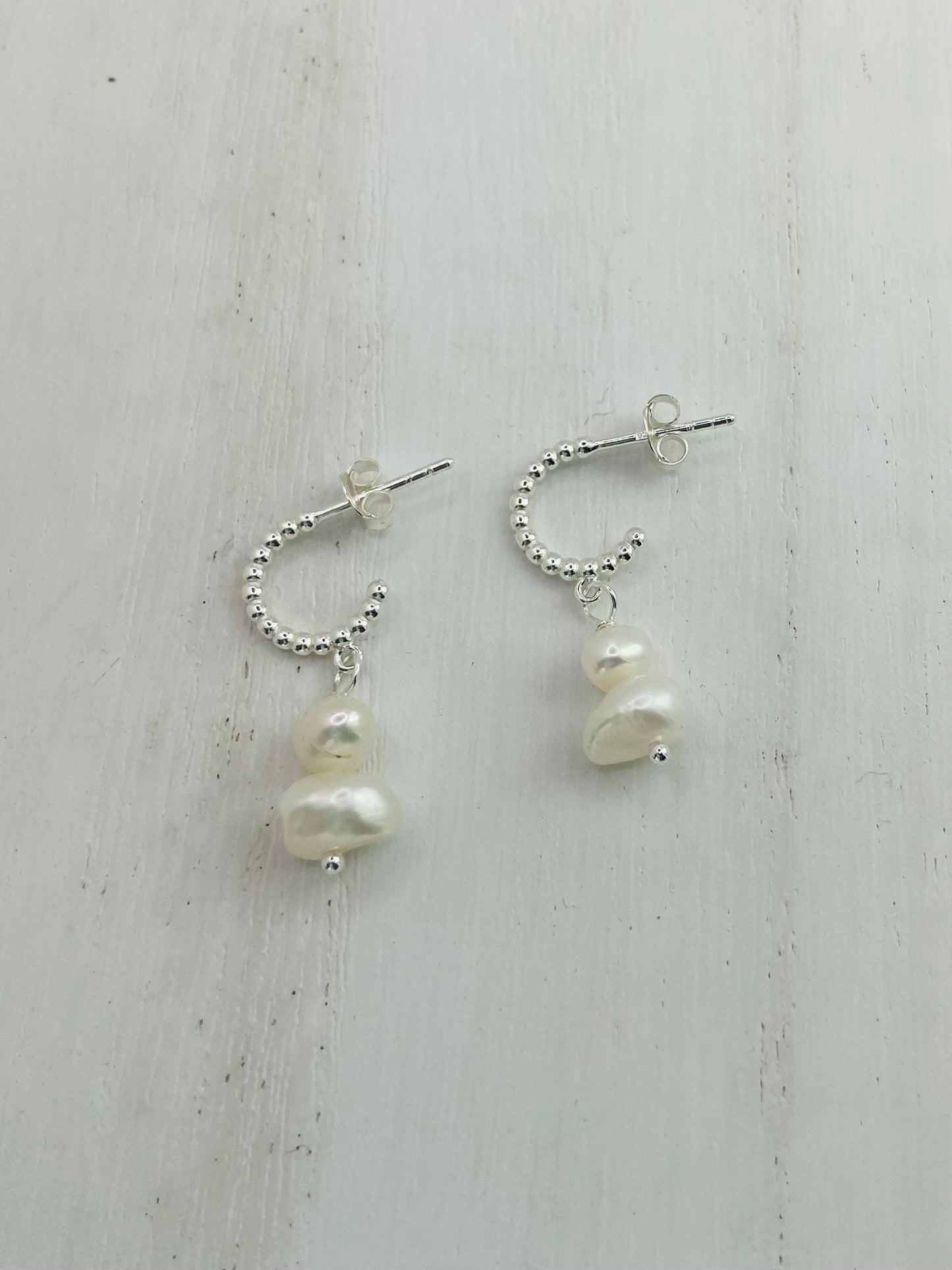 Earrings Silver Hoops Double Freshwater Pearls White