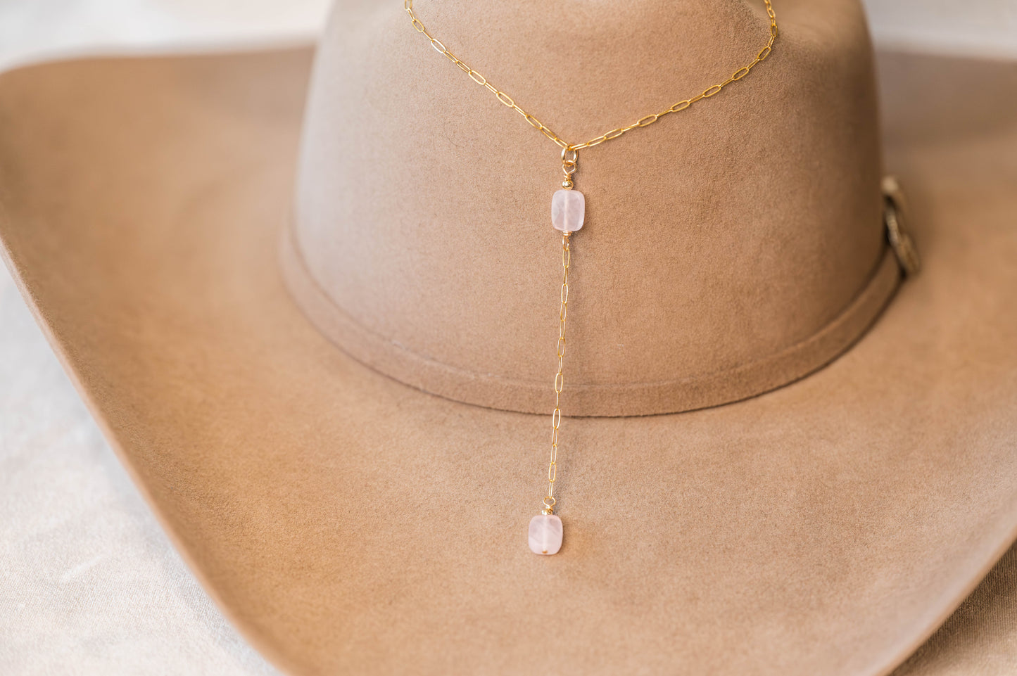 Necklace Rose quartz Lariat Gemstone -14K GF