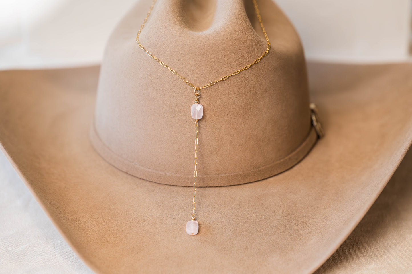 Necklace Rose quartz Lariat Gemstone -14K GF