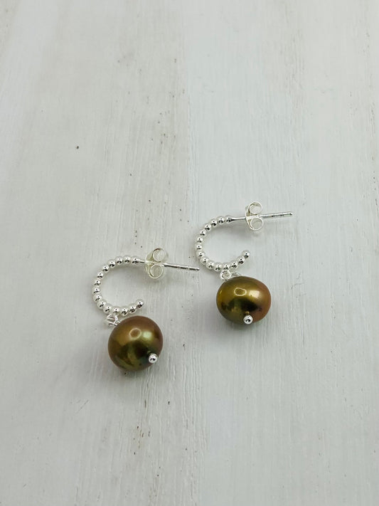 Earrings Silver Hoops Freshwater Pearls Bronze