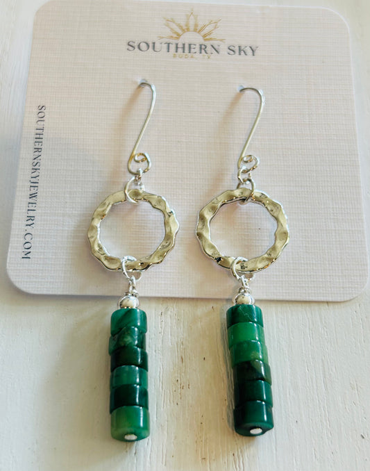 Earrings Silver Circle Green Jade