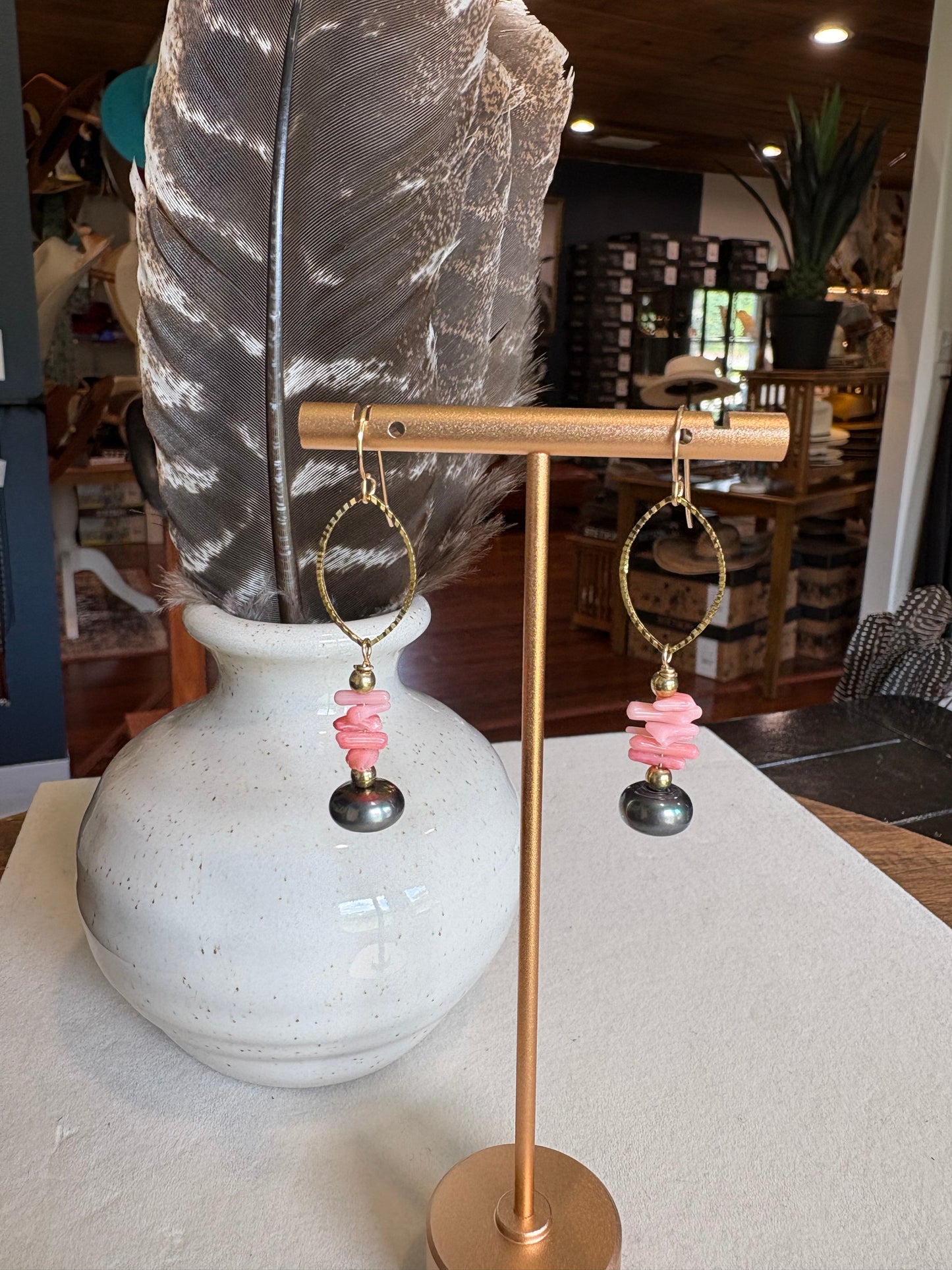 Sunset Ride- Earrings 14K GF Pink Corral Black Pearl