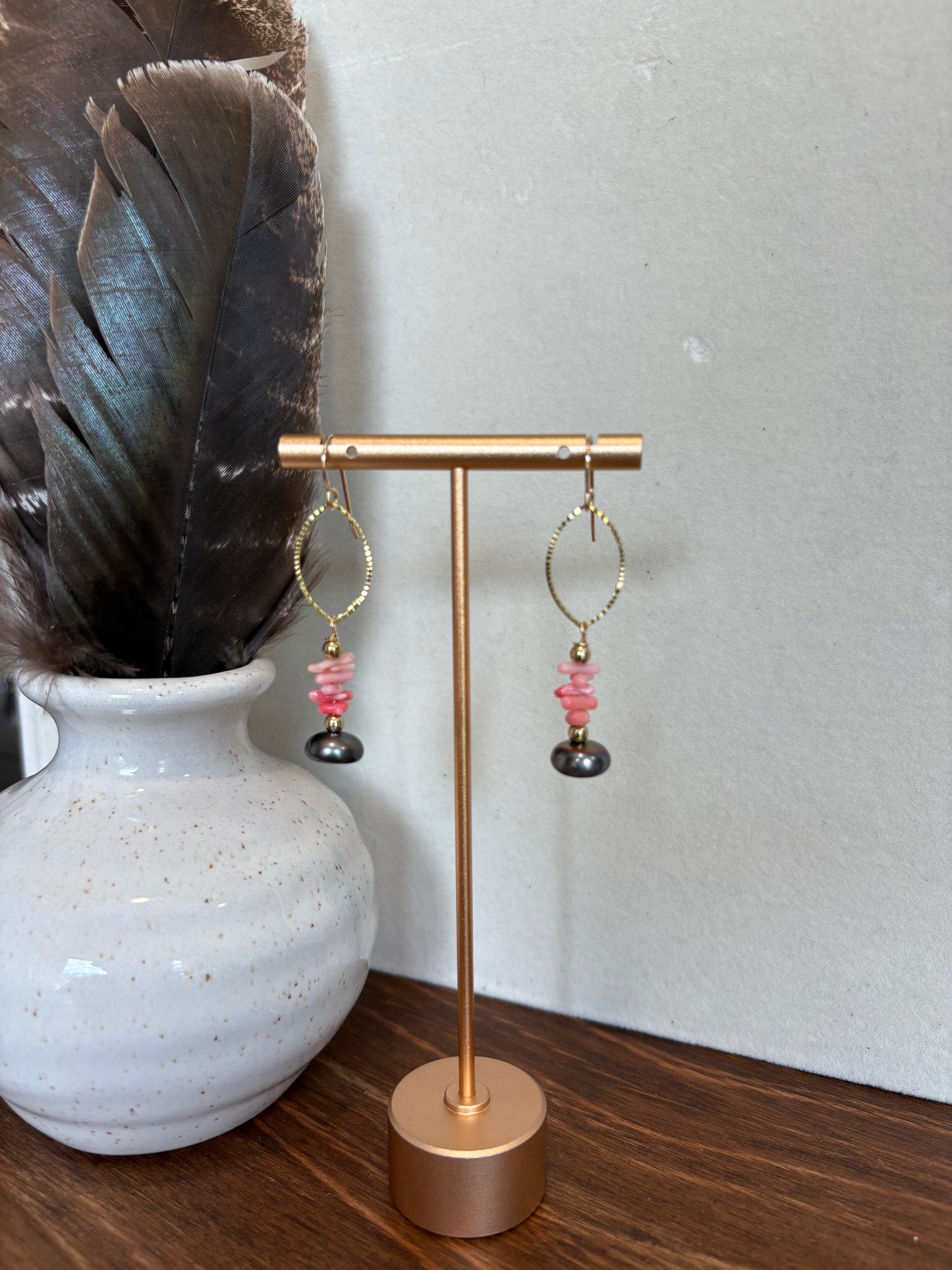 Sunset Ride- Earrings 14K GF Pink Corral Black Pearl