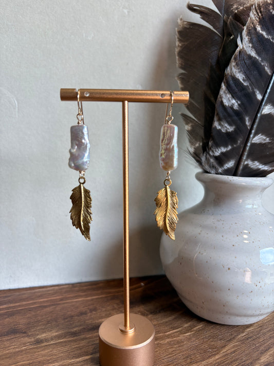 Sunset Ride- Earrings 14K GF Pearl Feather Drop