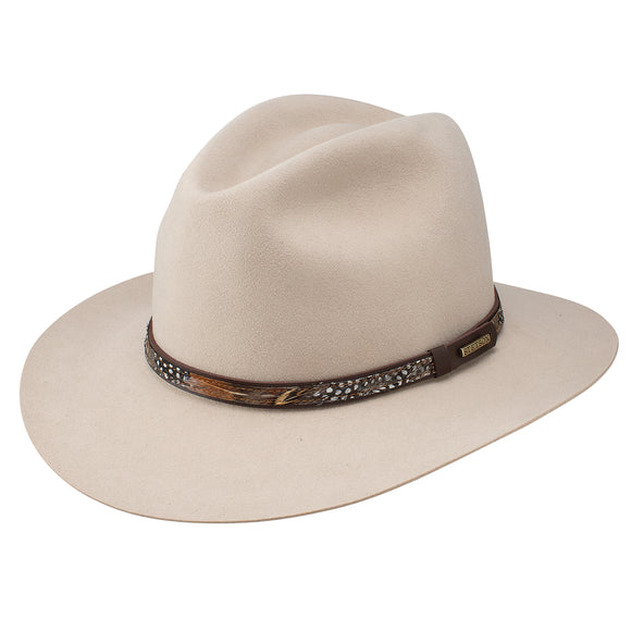 Silverbelly outdoor cowboy hat with a decorative band on a white background