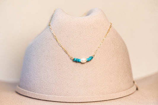 Necklace 14K GF Kingman Turquoise FW Pearl