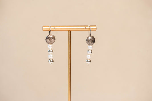 Earrings Antiqued Concho with Pearls and Silver