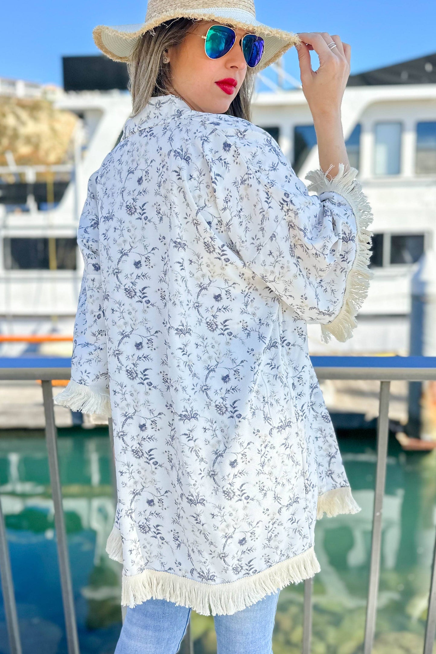 Boho Floral Printed Kimono with Fringe Trim