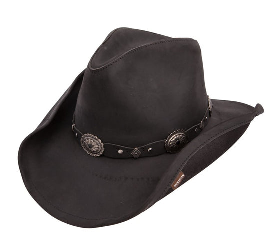 Black cowboy hat with a leather band and concho on a white background
