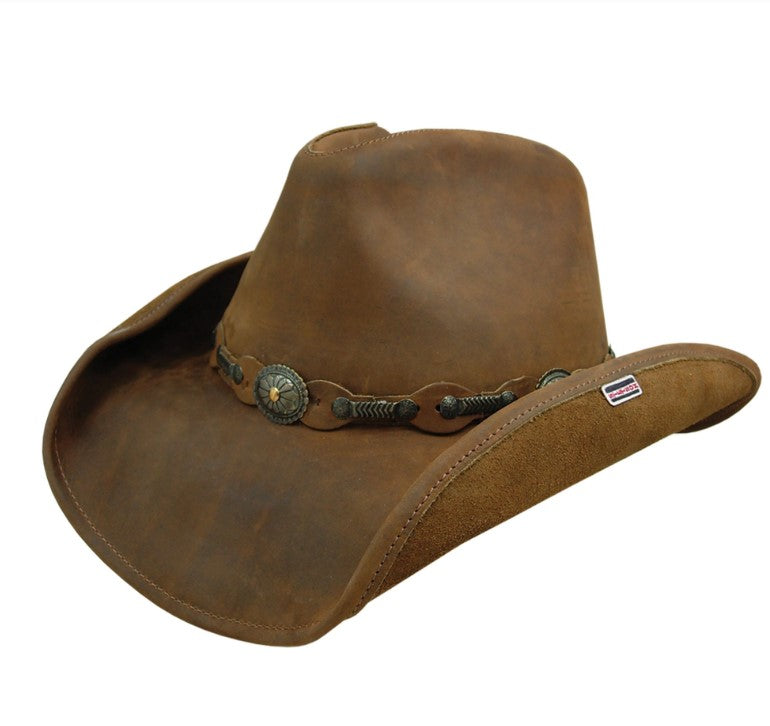 Brown leather cowboy hat with decorative band on a white background