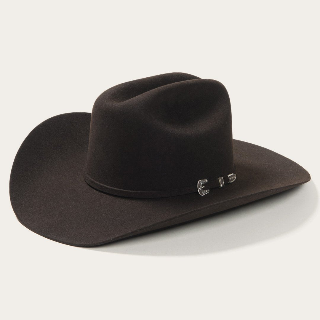 Chocolate Brown cowboy hat with a brand logo on a light gray background