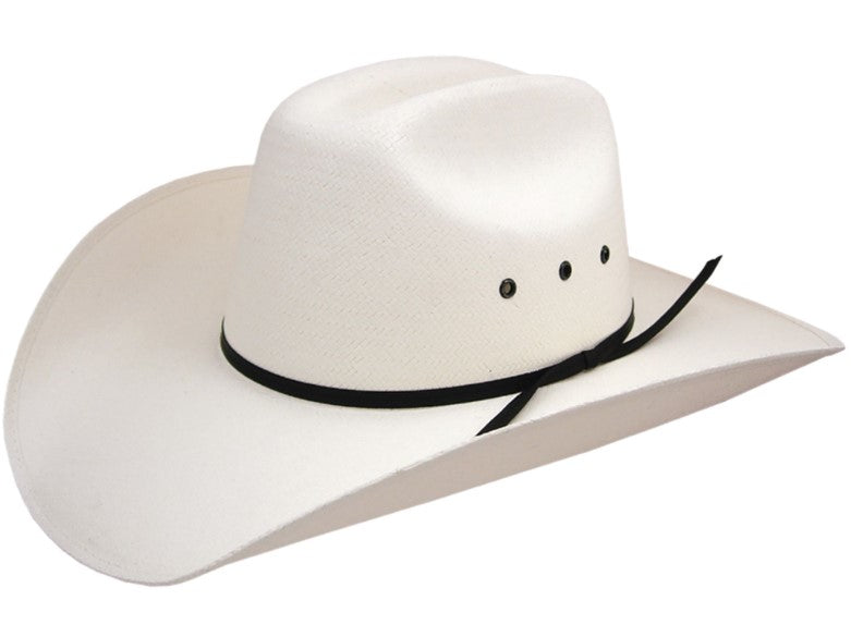 White cowboy hat with a black band on a white background