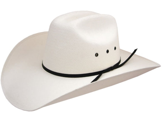 White cowboy hat with a black band on a white background